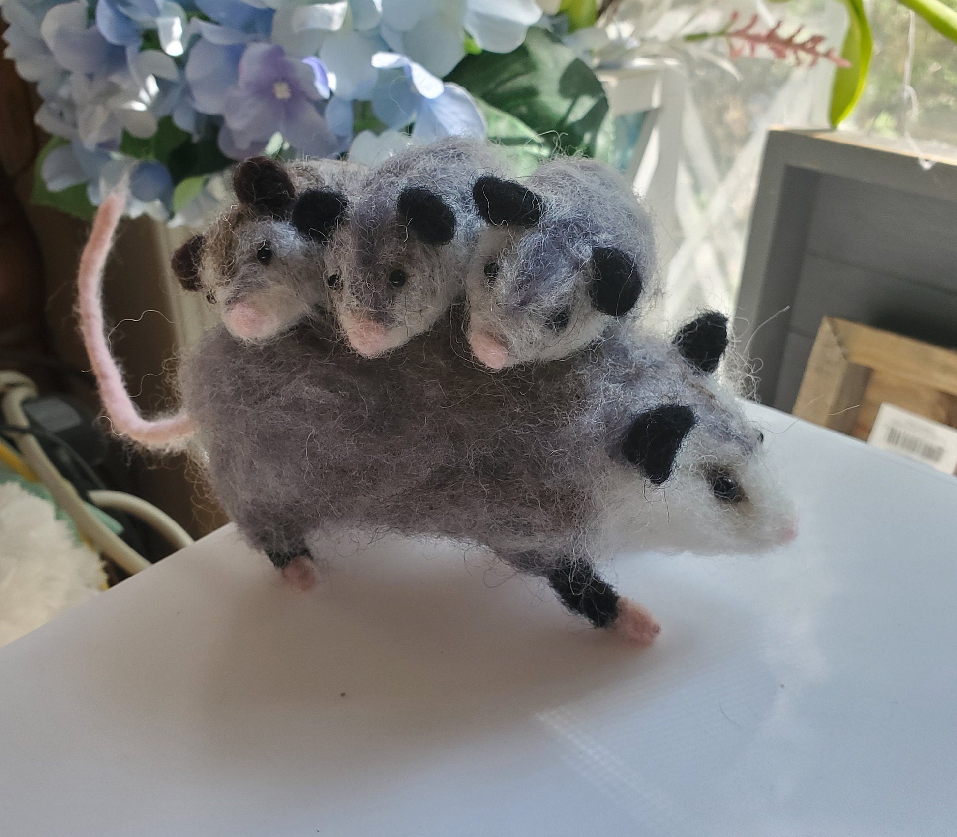 Needle felted Opossum, opossum and three babies, hand felted Mamma Opossum needle felted animals, nature table,