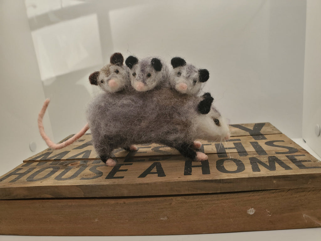 Needle felted Opossum, opossum and three babies, hand felted Mamma Opossum needle felted animals, nature table,