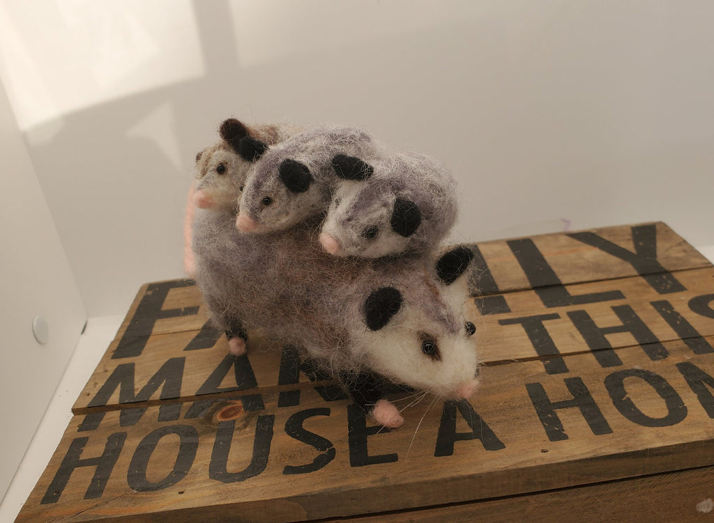 Needle felted Opossum, opossum and three babies, hand felted Mamma Opossum needle felted animals, nature table,