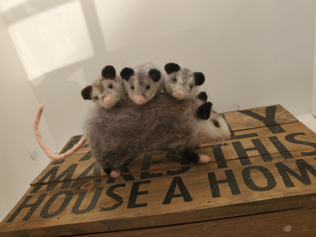 Needle felted Opossum, opossum and three babies, hand felted Mamma Opossum needle felted animals, nature table,