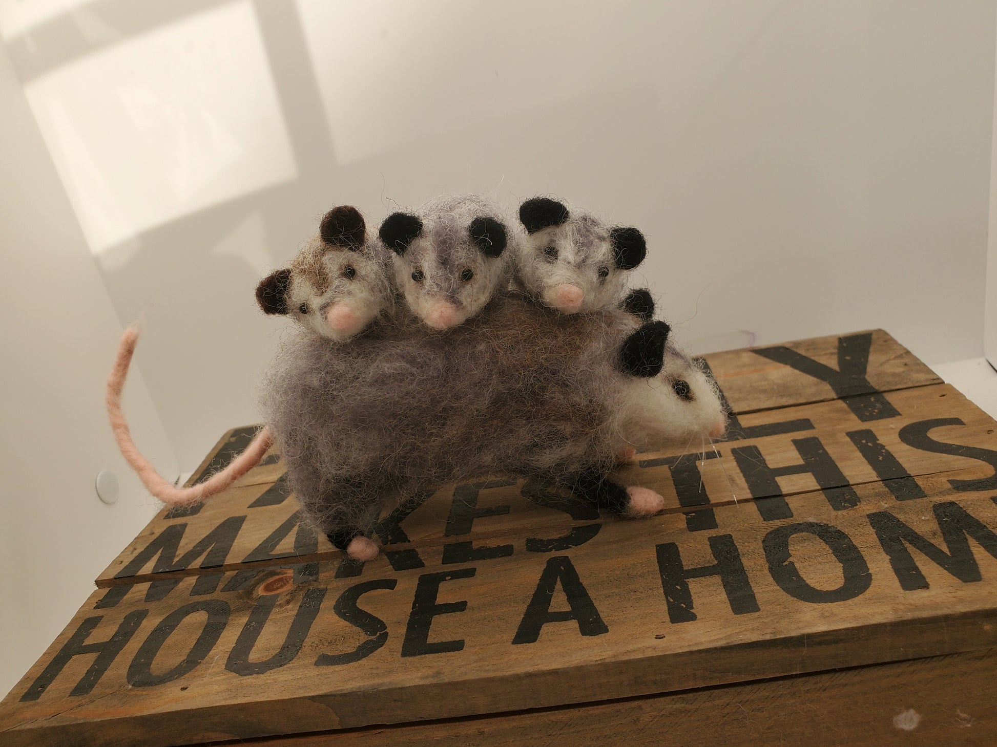 Needle felted Opossum, opossum and three babies, hand felted Mamma Opossum needle felted animals, nature table,