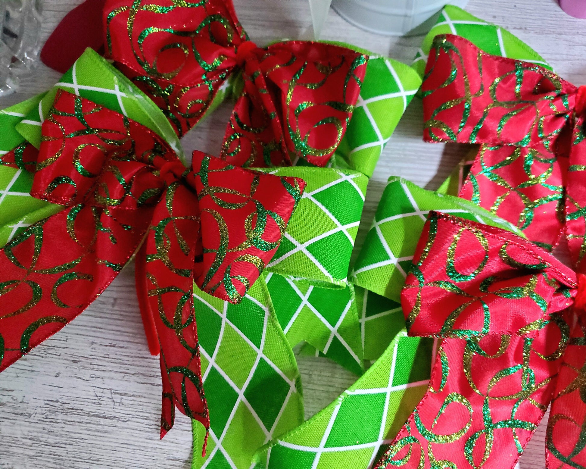 Double Christmas tree bows.Christmas tree decorations, ribbons for wreath, for garlands.