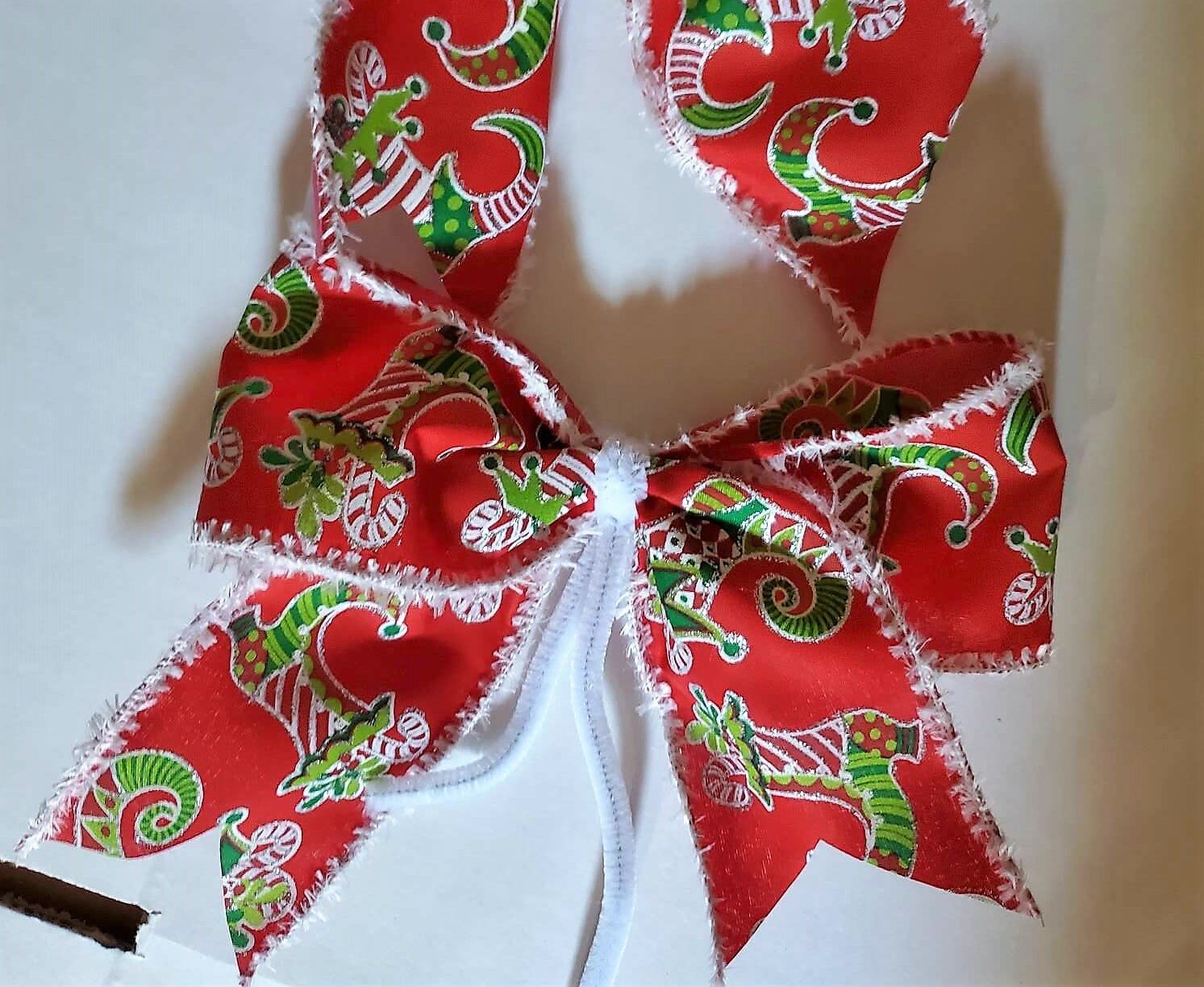 Christmas tree bows set of 10 Elf boots  snow edges classic decoration for Christmas and New year. Handmade Christmas