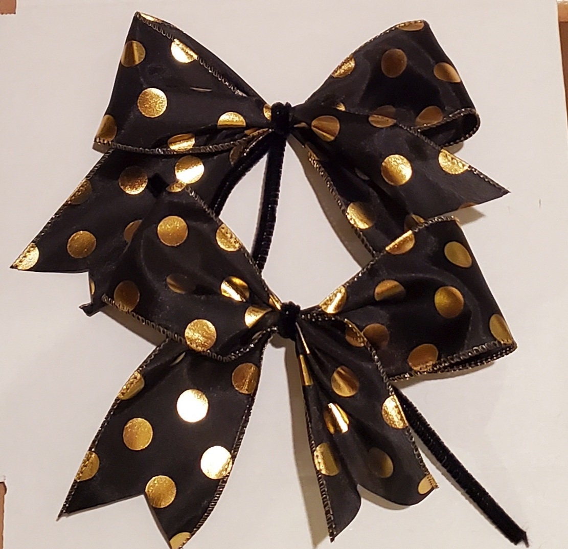 Christmas tree bow polka dot Tree bows set of 6. Black and gold bows for wreath, garland.