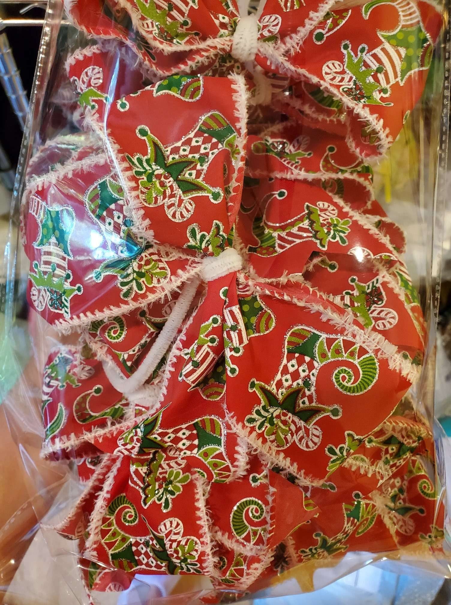 Christmas tree bows set of 10 Elf boots  snow edges classic decoration for Christmas and New year. Handmade Christmas