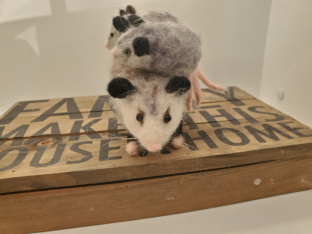 Needle felted Opossum, opossum and three babies, hand felted Mamma Opossum needle felted animals, nature table,